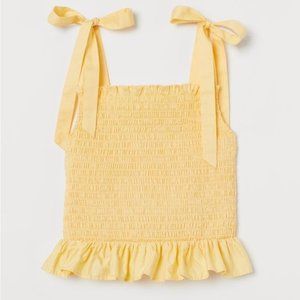 Light Yellow Smocked Crop top 100% Cotton & tie-top straps ruffle trim size XL